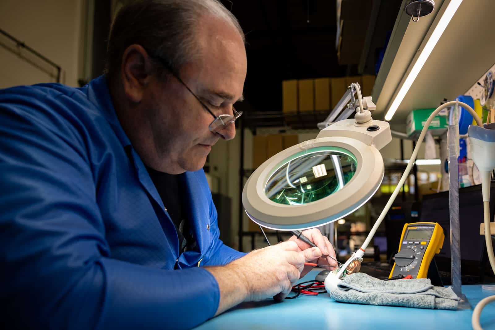 Probo Medical Probe Repair Technician Repairing GE Probe
